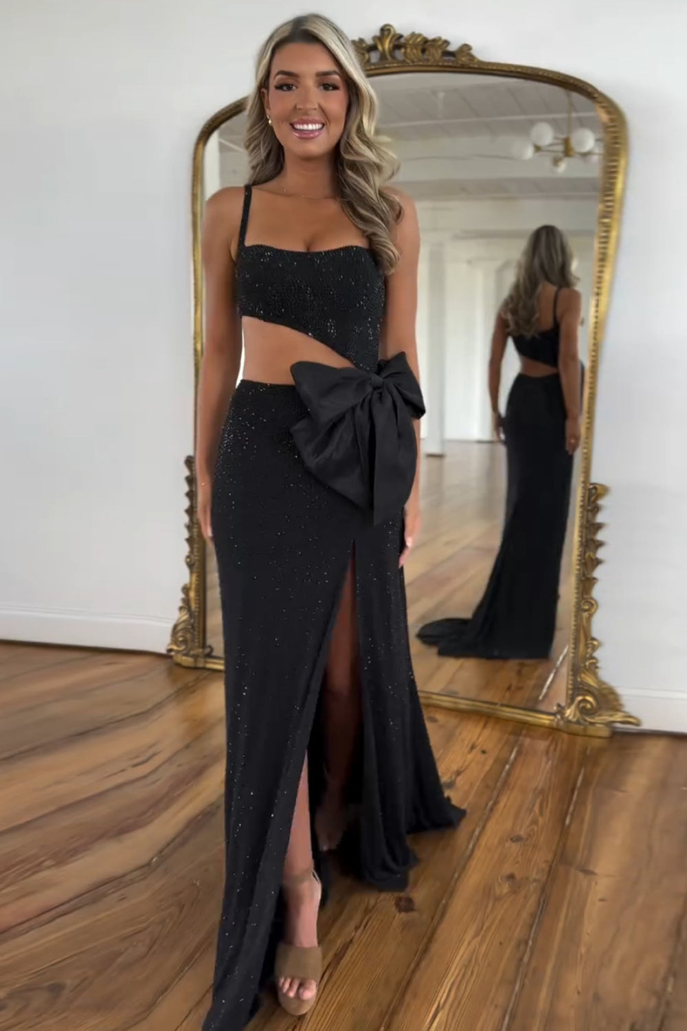Black square beaded mermaid prom dress