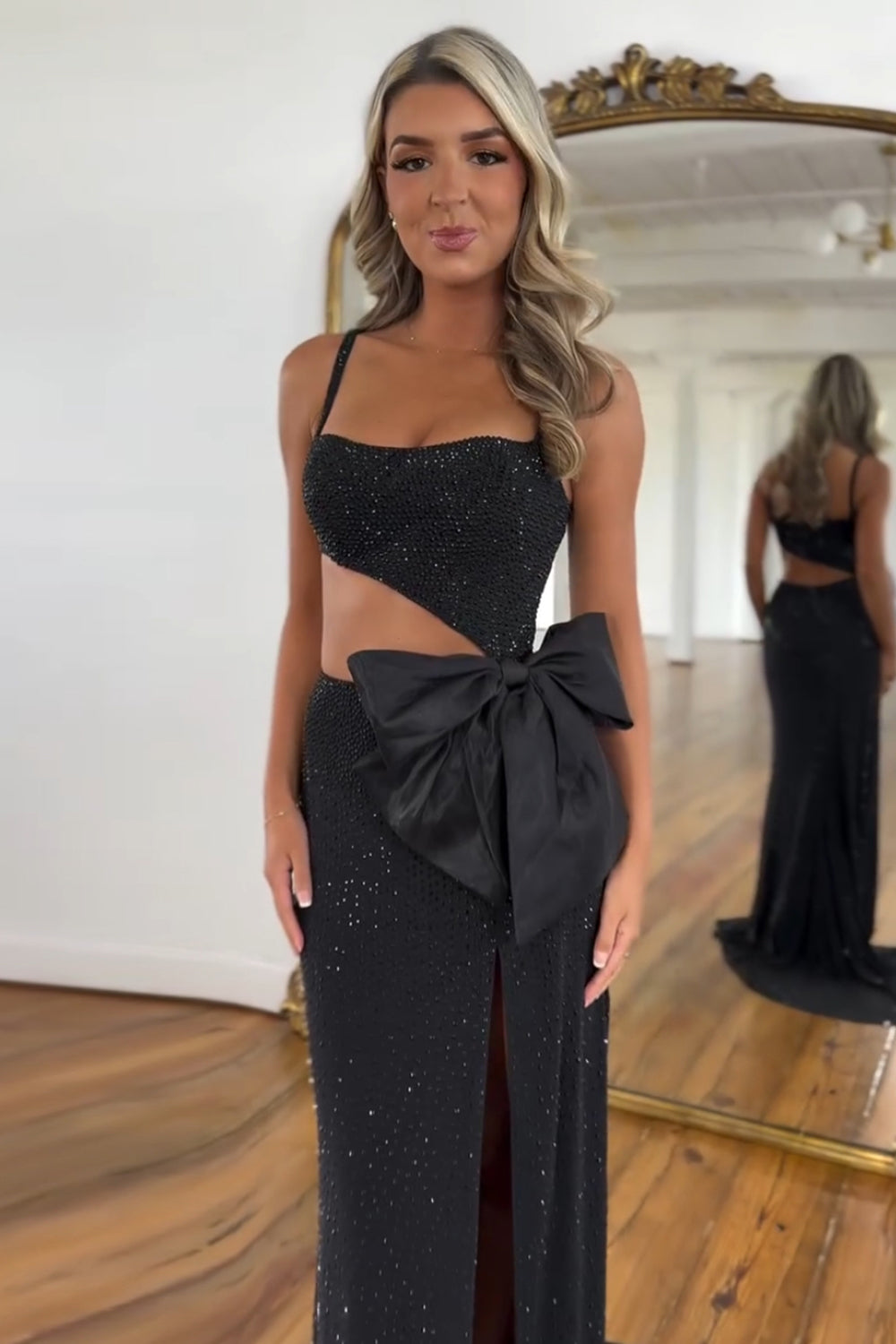 Black square beaded mermaid prom dress