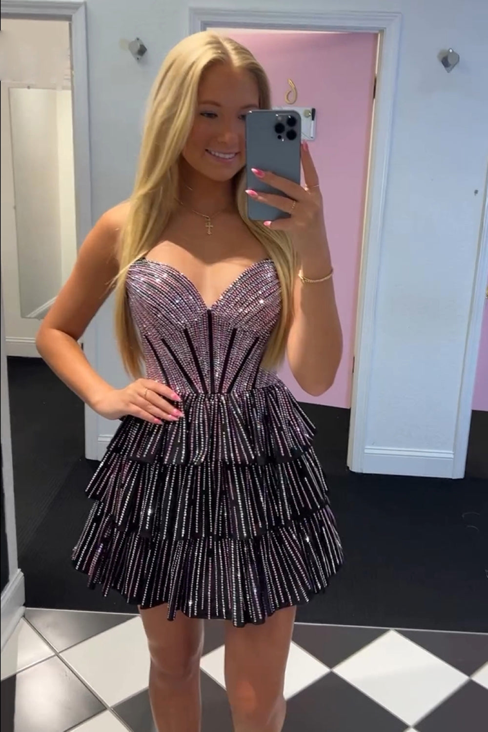 Glitter Black Strapless A-Line Corset Short Homecoming Dress with Beading
