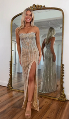 Glittering Champagne Strapless Sleeveless Beaded Mermaid Prom Dress with Front Split