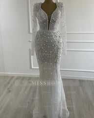 Glittering Ivory Deep-V-Neck Long-Sleeve Beaded Mermaid Wedding Dress with Detachable Train