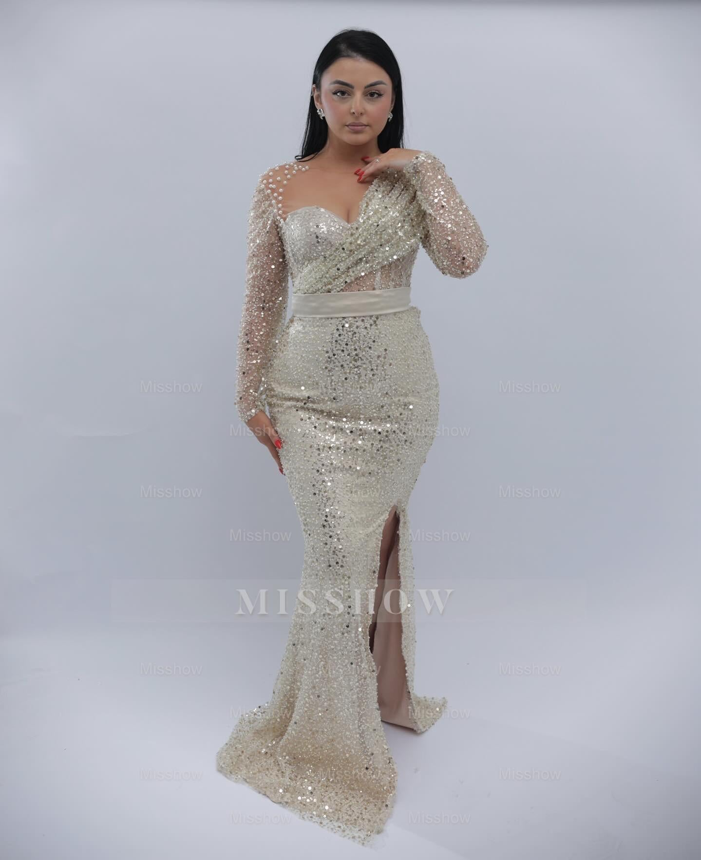 Glittering Long Ivory Asymmetric Long-Sleeve Beaded Mermaid Formal Dress with Sequins and Slit