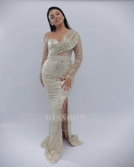 Glittering Long Ivory Asymmetric Long-Sleeve Beaded Mermaid Formal Dress with Sequins and Slit