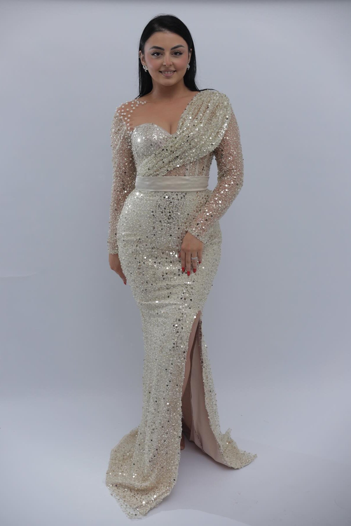 Glittering Long Ivory Asymmetric Long-Sleeve Beaded Mermaid Formal Dress with Sequins and Slit