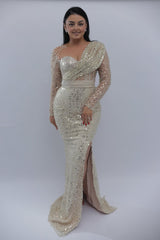 Glittering Long Ivory Asymmetric Long-Sleeve Beaded Mermaid Formal Dress with Sequins and Slit
