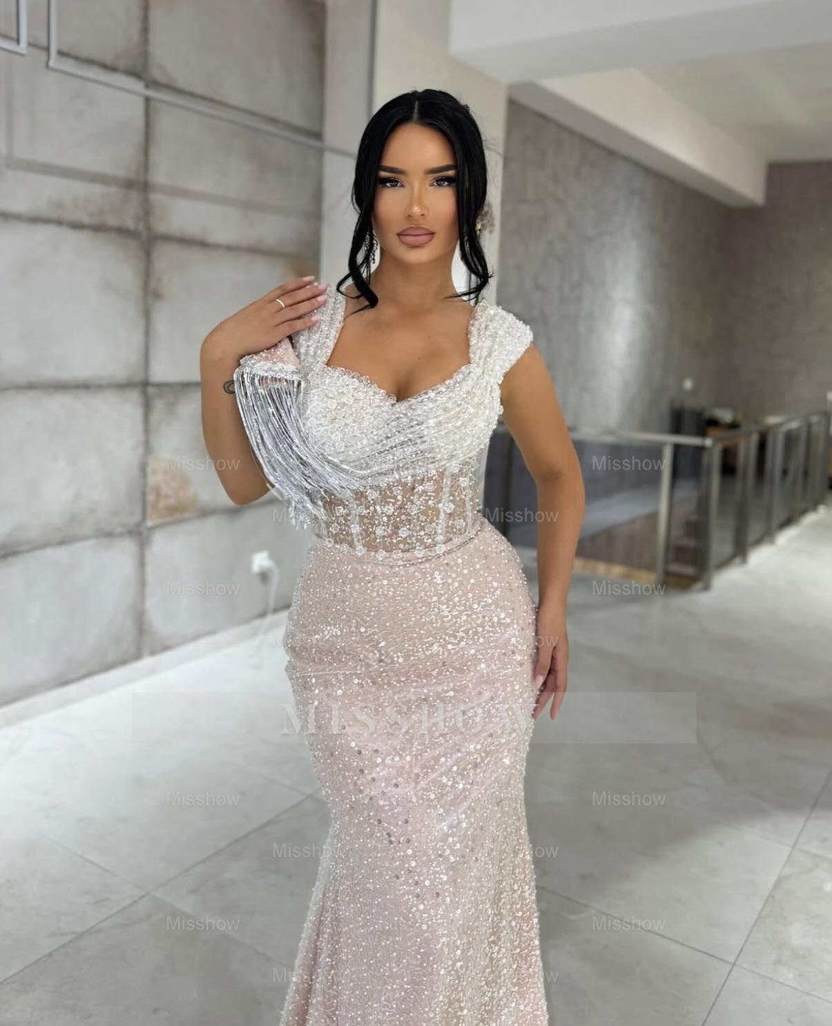 Glittering Long White and Pink Mermaid Sweetheart Sleeveless Evening Dress with Sequins