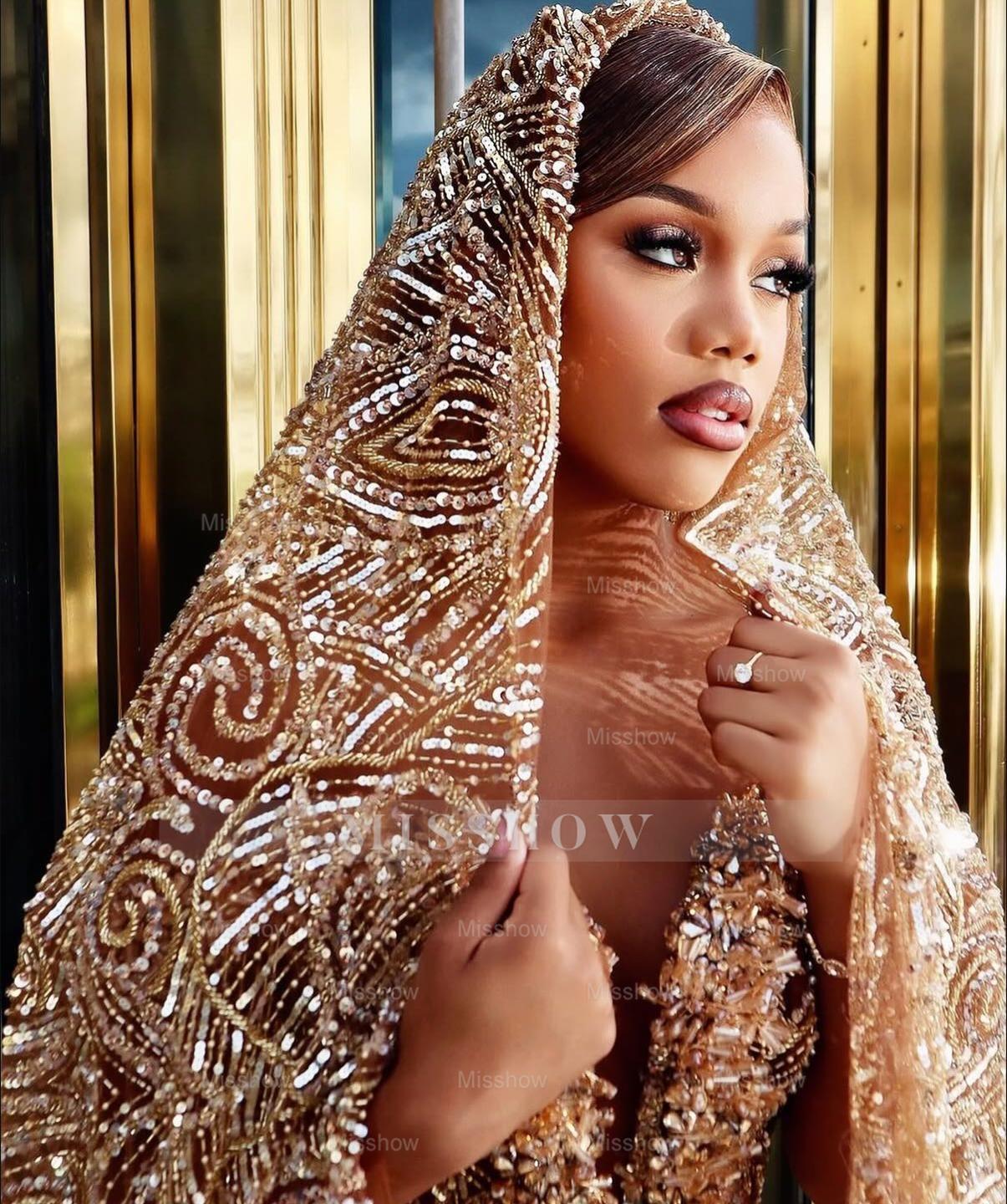 Gold Beaded Off-the-shoulder Prom Dress V-neck Mermaid Gown with Veil
