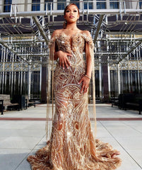 Gold Beaded Off-the-shoulder Prom Dress V-neck Mermaid Gown with Veil