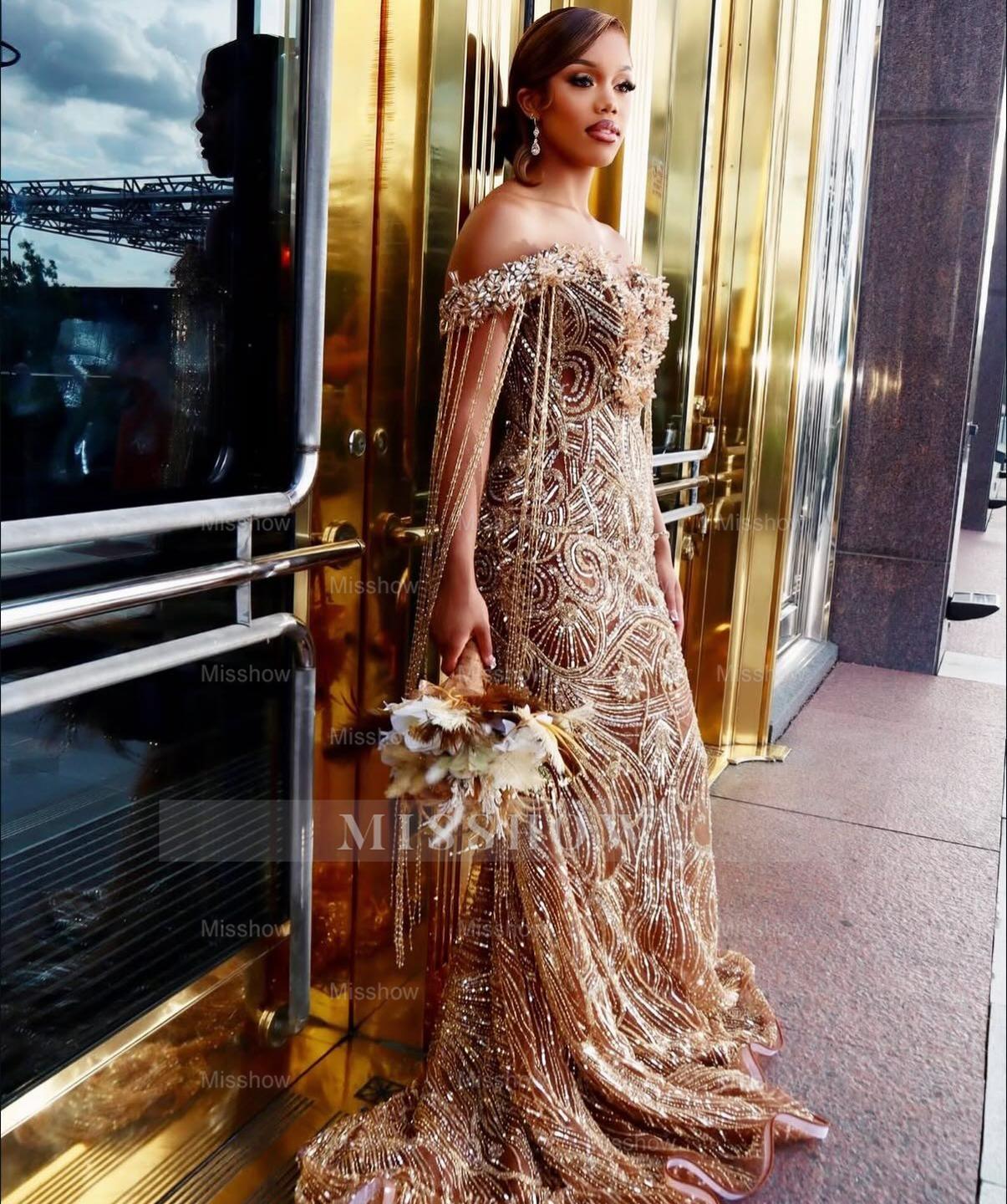 Gold Beaded Off-the-shoulder Prom Dress V-neck Mermaid Gown with Veil