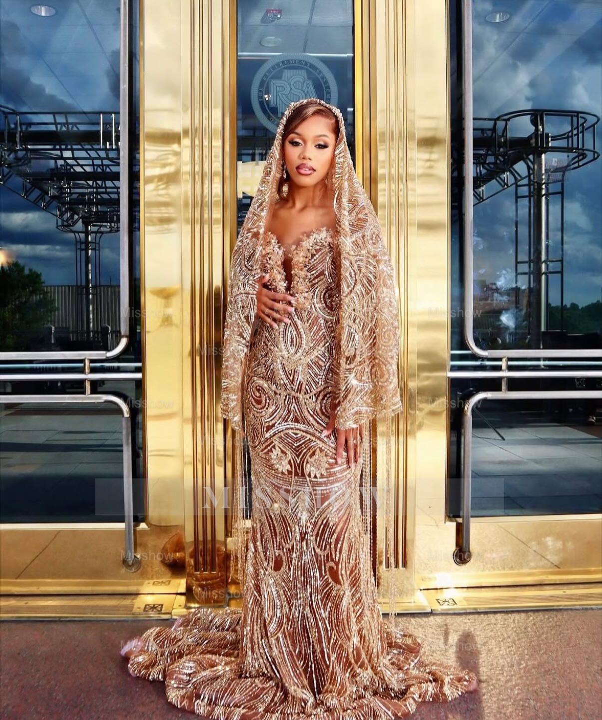 Gold Beaded Off-the-shoulder Prom Dress V-neck Mermaid Gown with Veil
