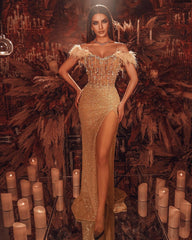 Gold Beaded Strapless Feather Off the Shoulder Sleeveless Split Formal Dress