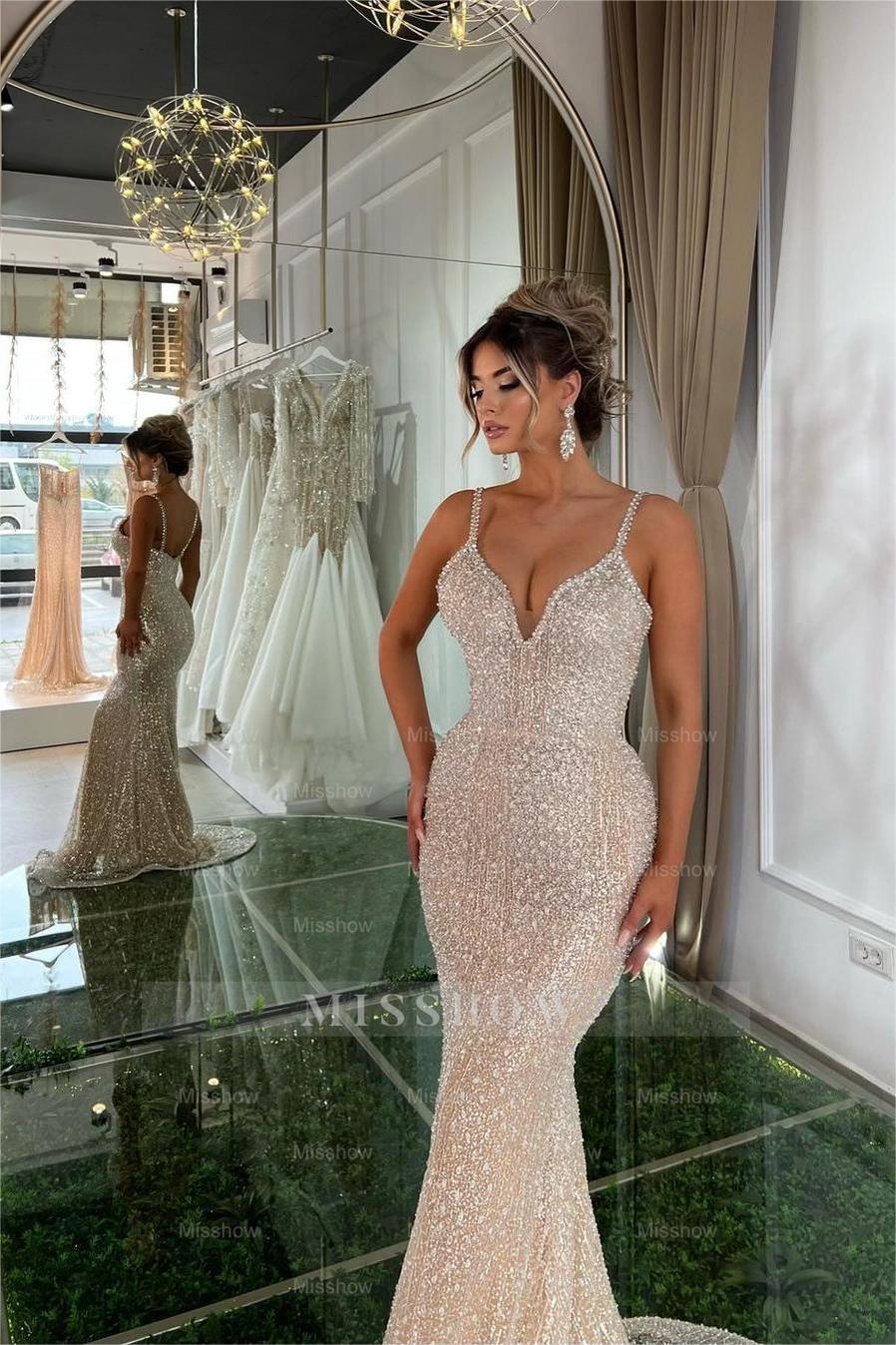 Gold Champaign V-Neck Sleeveless Mermaid Sequined Beaded Floor Length Formal Evening Dress