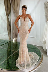 Gold Champaign V-Neck Sleeveless Mermaid Sequined Beaded Floor Length Formal Evening Dress