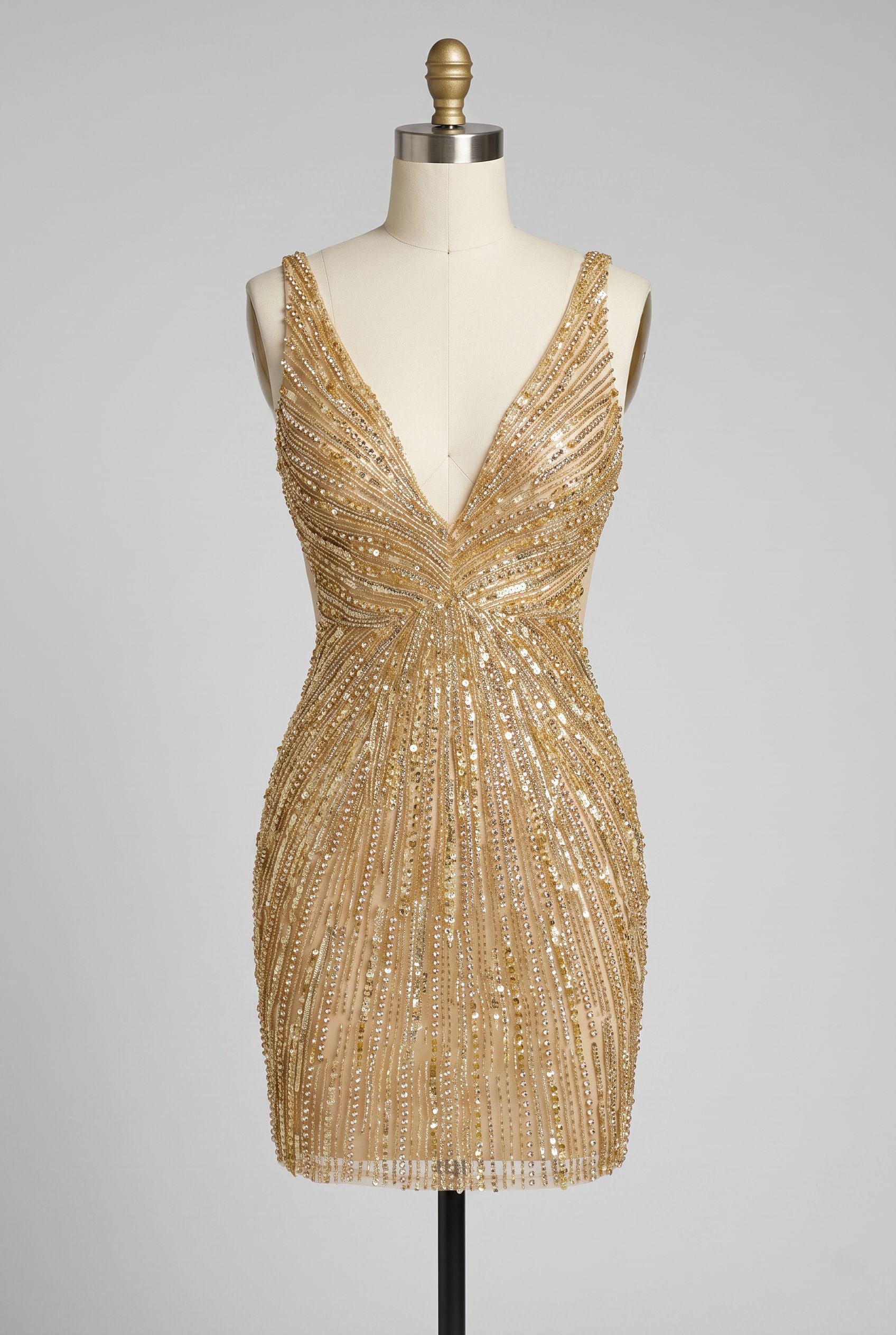 Gold Deep V-Neck Full Rhinestone Beading Sequin Open Back Bodycon Homecoming Dress Mini