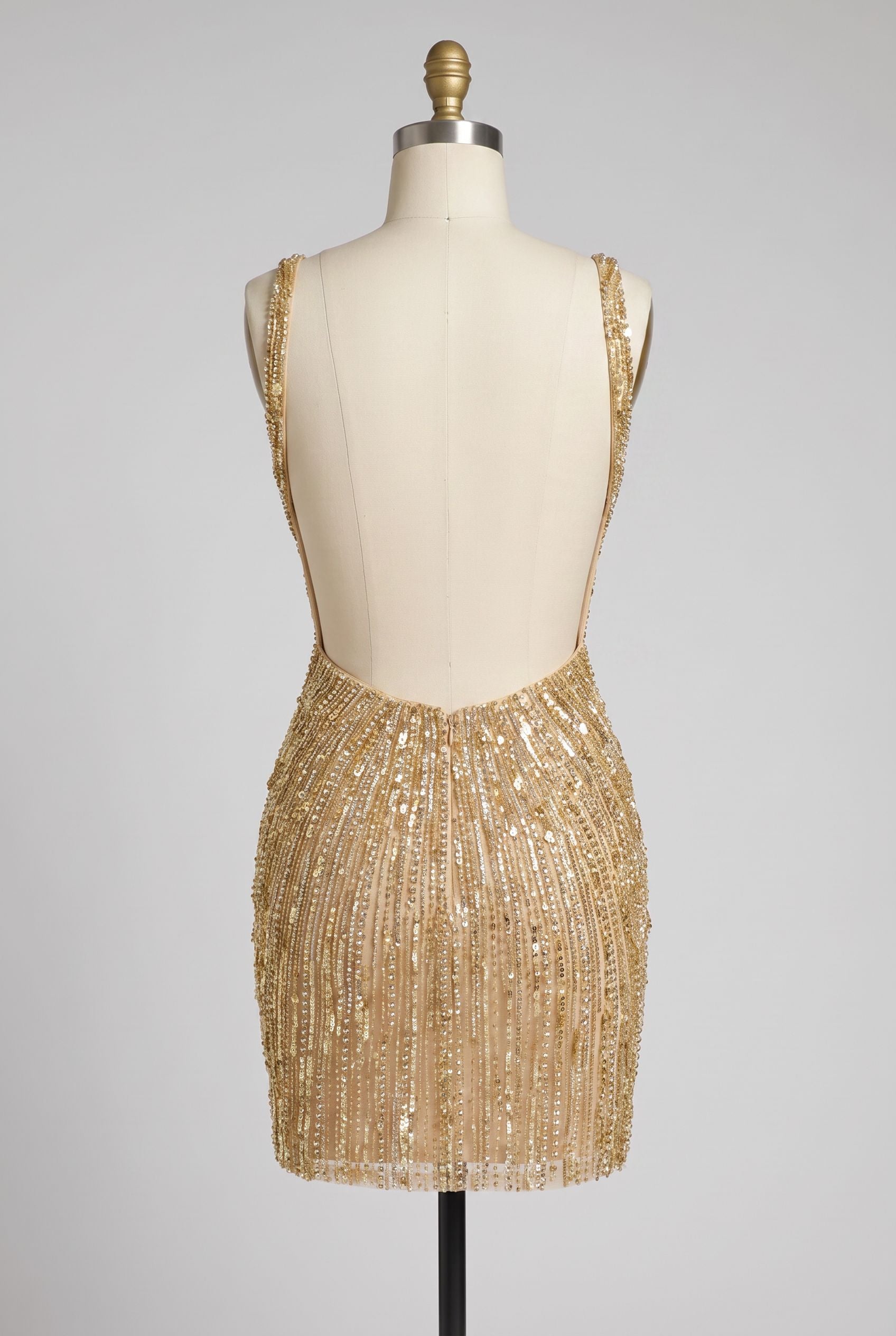 Gold Deep V-Neck Full Rhinestone Beading Sequin Open Back Bodycon Homecoming Dress Mini