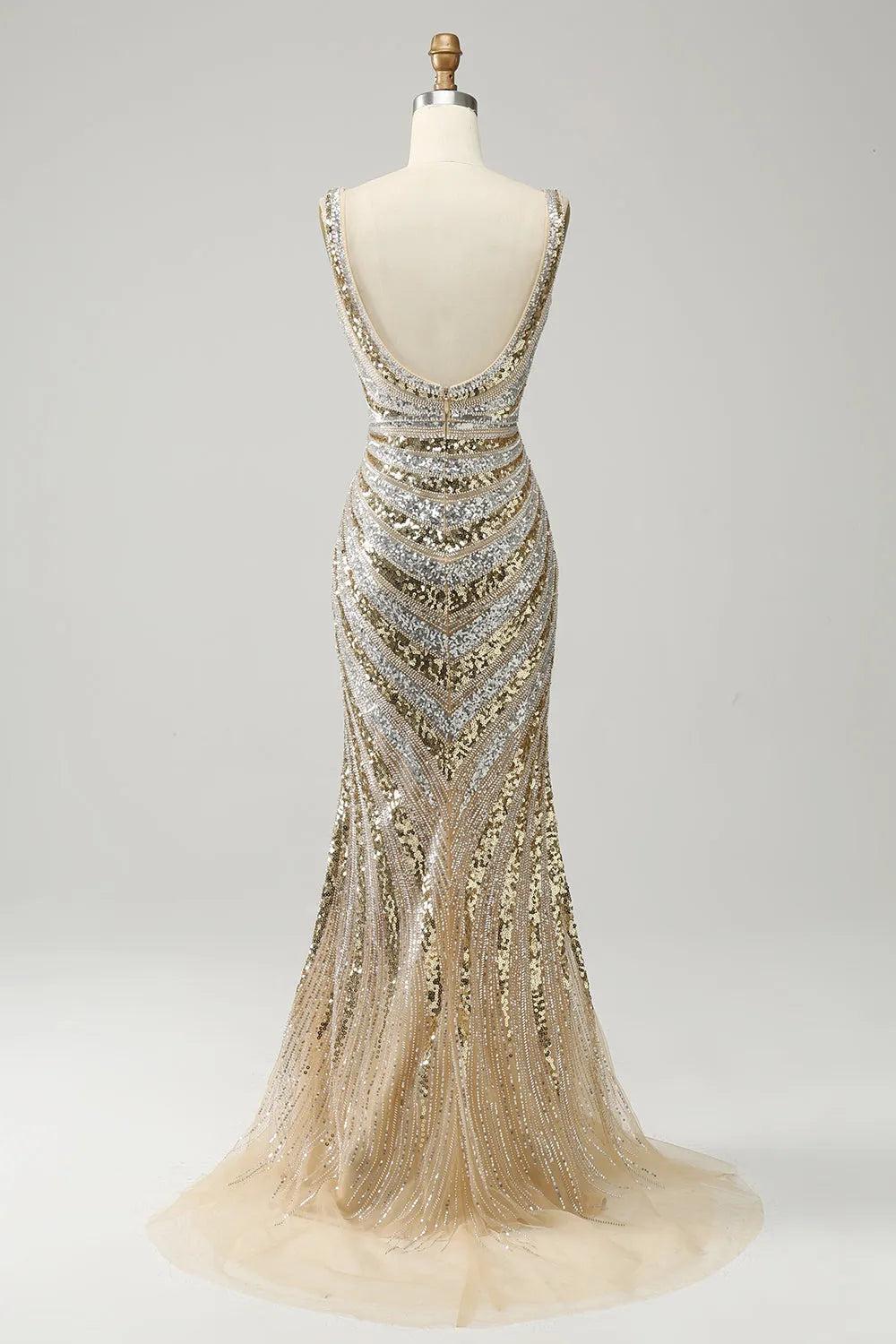 Gold Deep V-Neck Sleeveless Sequin Bodycon Mermaid Prom Dress Floor Length
