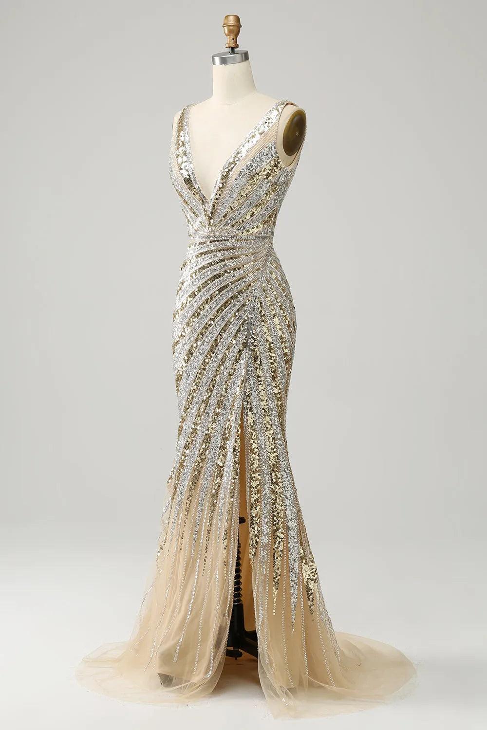 Gold Deep V-Neck Sleeveless Sequin Bodycon Mermaid Prom Dress Floor Length