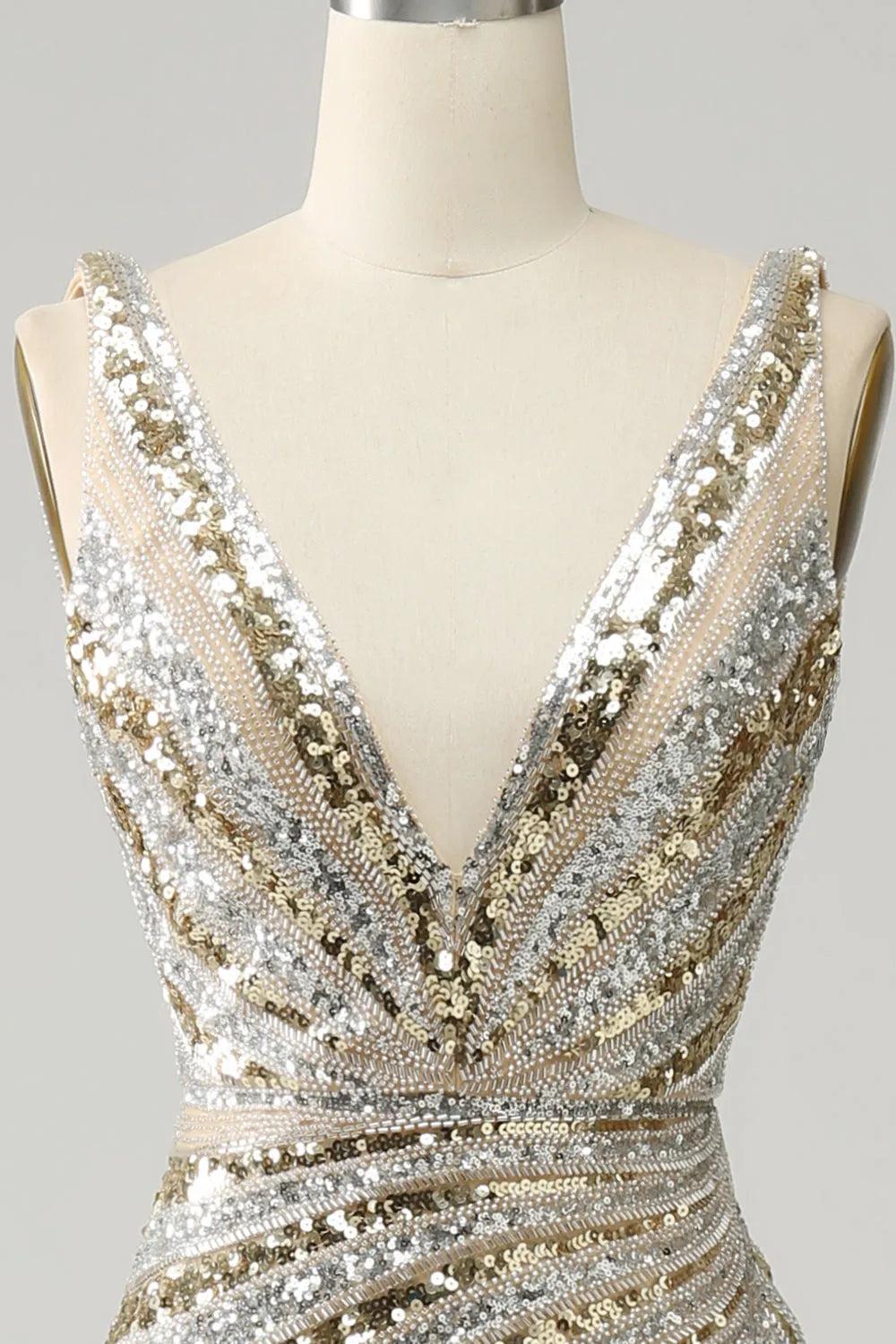 Gold Deep V-Neck Sleeveless Sequin Bodycon Mermaid Prom Dress Floor Length