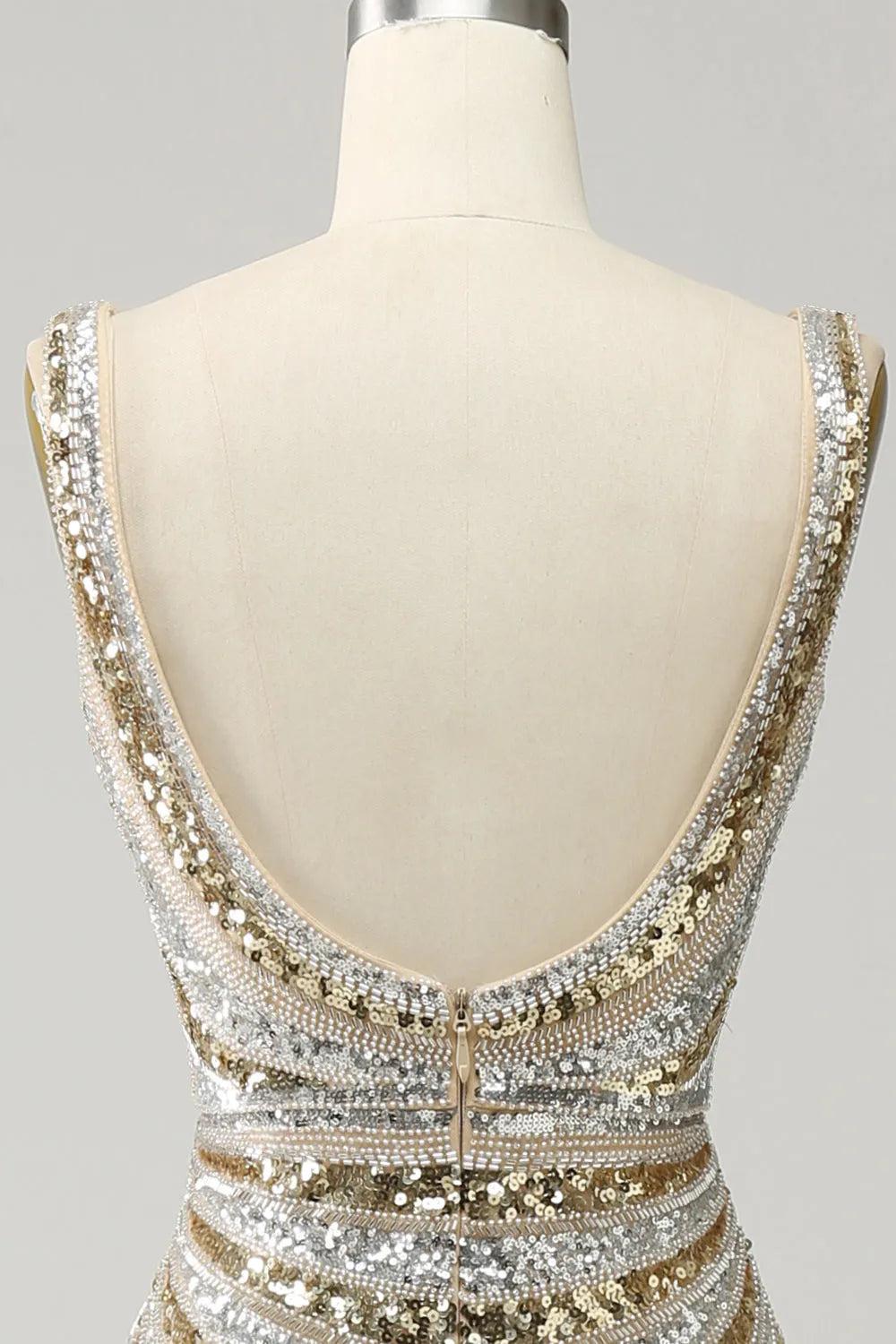Gold Deep V-Neck Sleeveless Sequin Bodycon Mermaid Prom Dress Floor Length