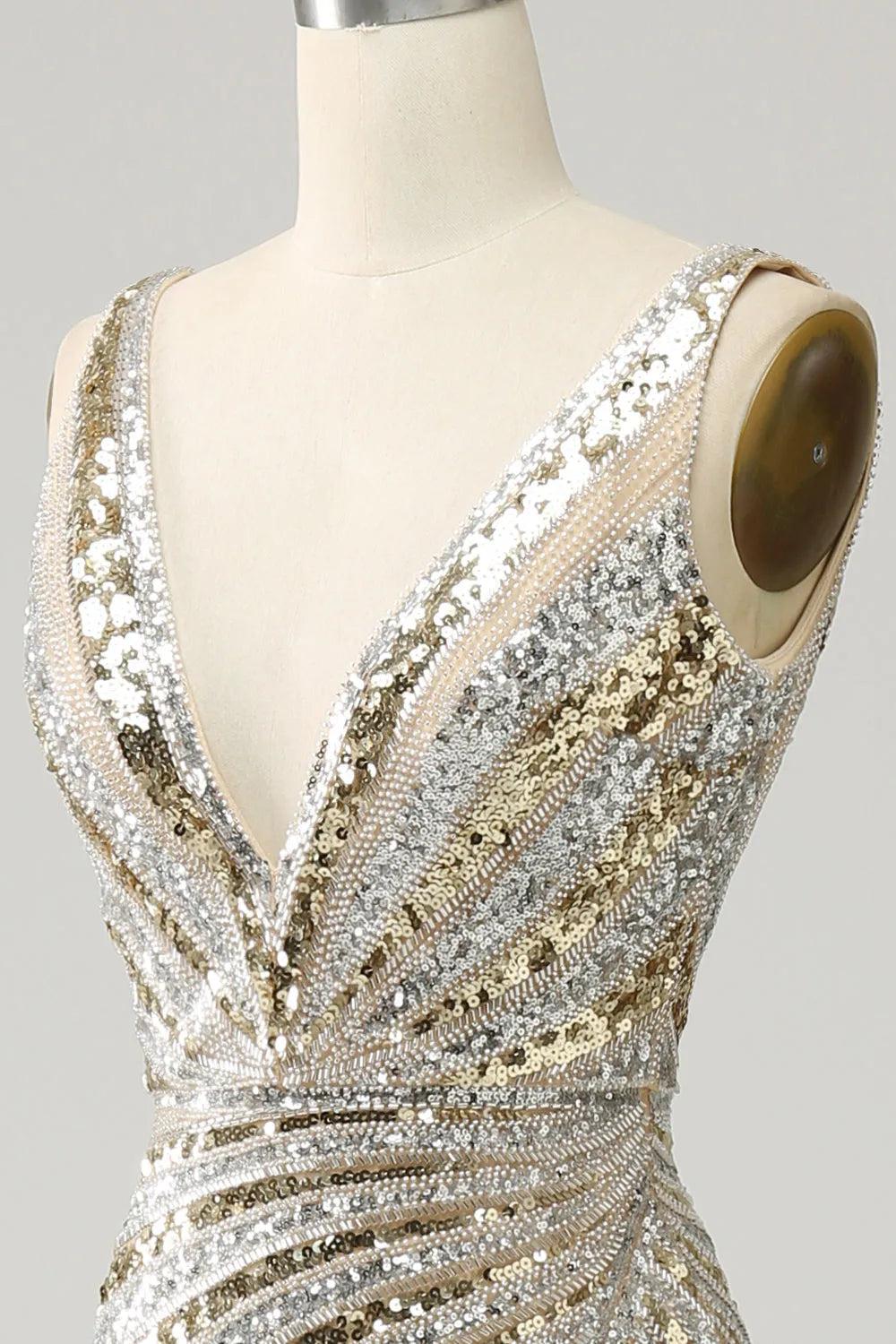 Gold Deep V-Neck Sleeveless Sequin Bodycon Mermaid Prom Dress Floor Length