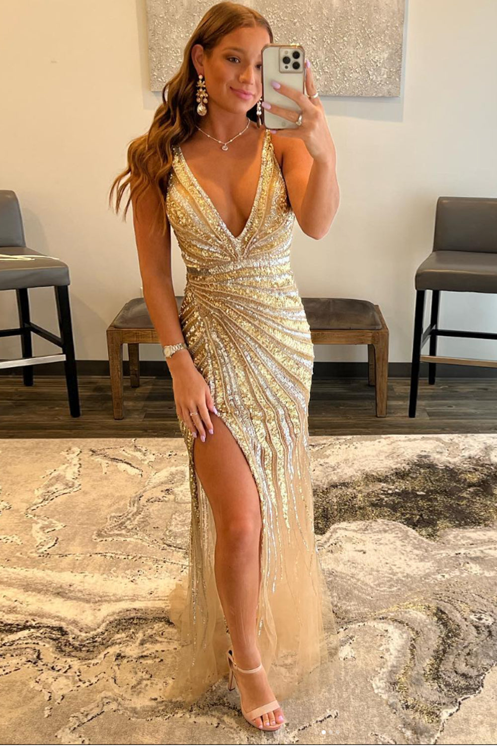 Gold Deep V-Neck Sleeveless Sequin Bodycon Mermaid Prom Dress Floor Length
