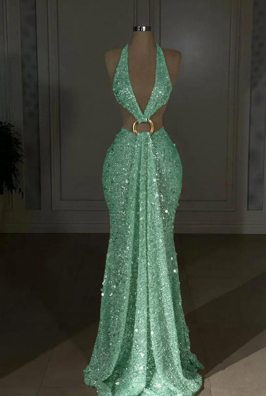 Mint green halter sequin mermaid evening dress