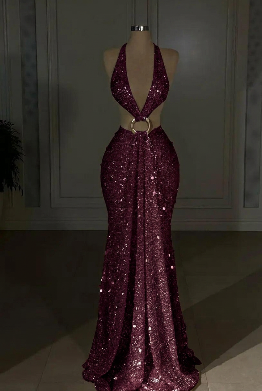 Grape halter sequin mermaid evening dress