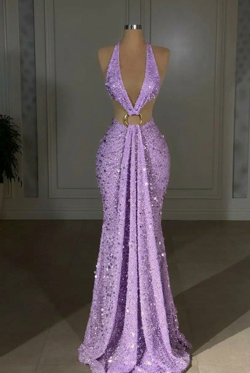 Lavender halter sequin mermaid evening dress