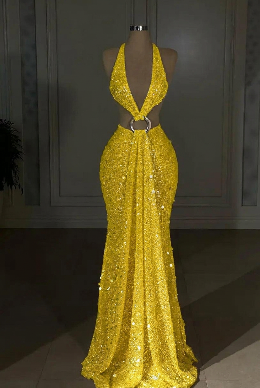 Yellow halter sequin mermaid evening dress