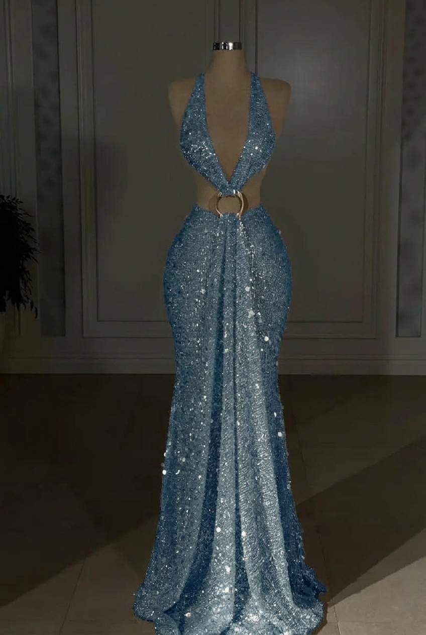 Dusty blue halter sequin mermaid evening dress
