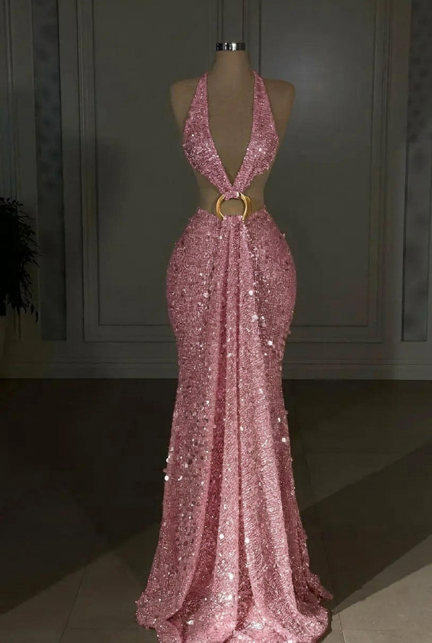 Candy pink halter sequin mermaid evening dress