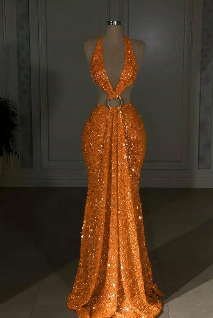 Orange halter sequin mermaid evening dress