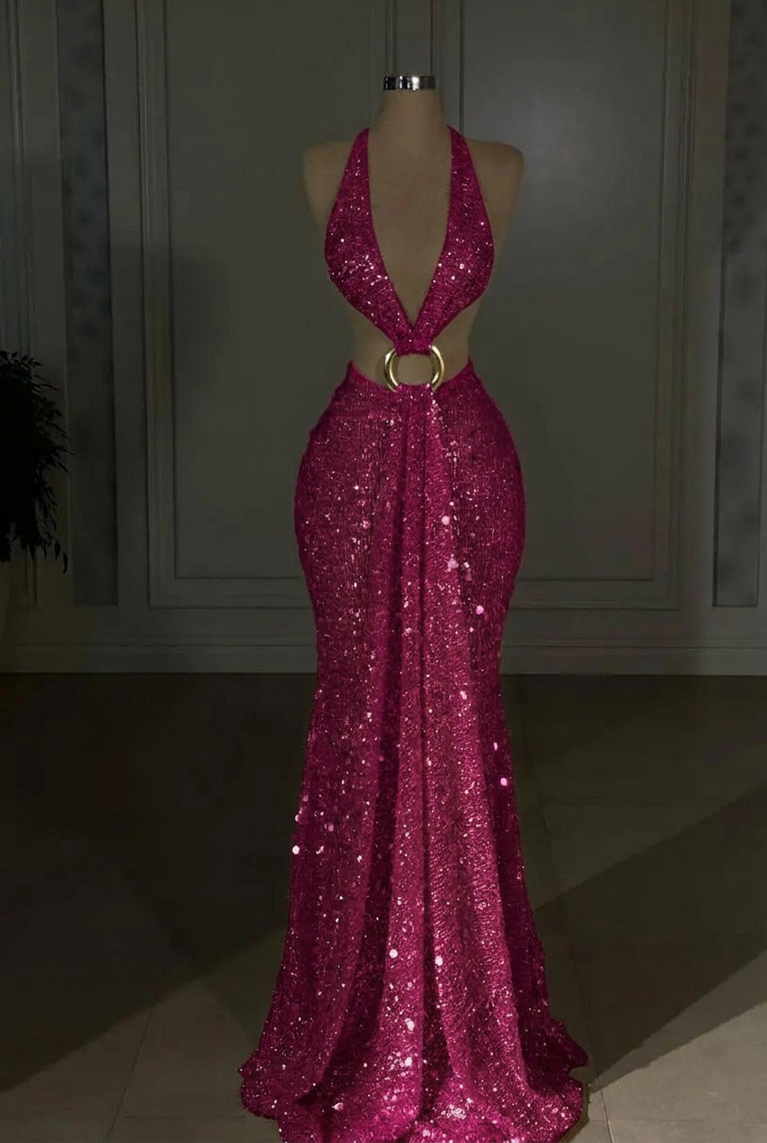 Fuchsia halter sequin mermaid evening dress