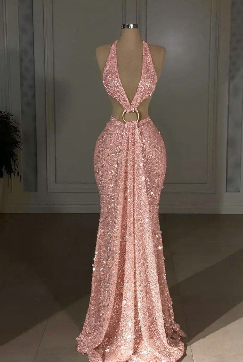 Blushing pink halter sequin mermaid evening dress