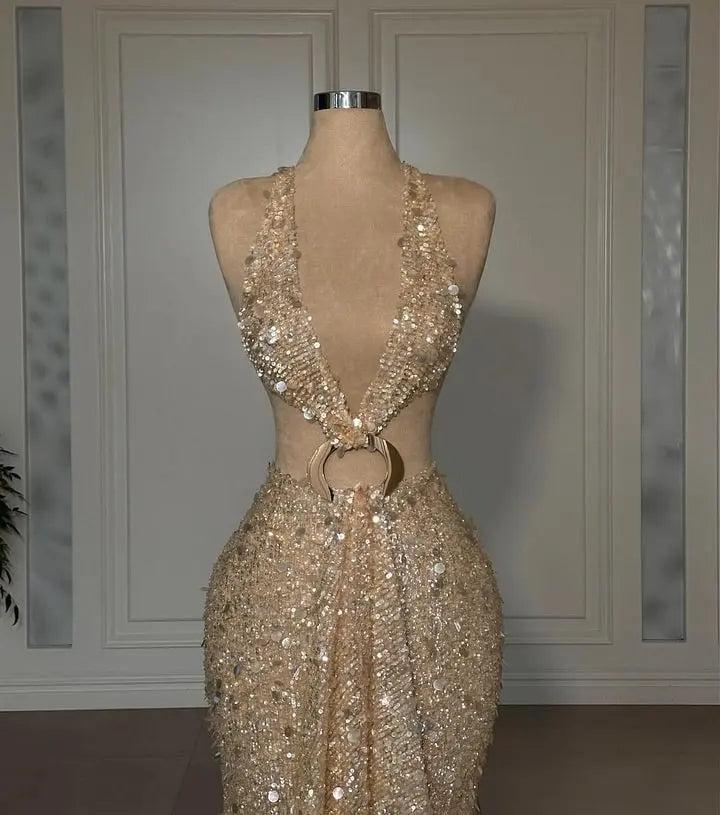 Gold Halter O-Ring Cutout Sequined Sleeveless Mermaid Floor Length Formal Evening Gown
