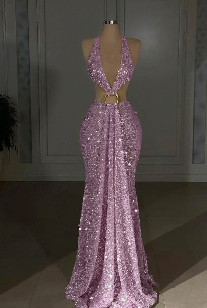 Lilac halter sequin mermaid evening dress