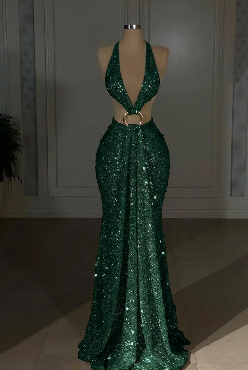 Dark green halter sequin mermaid evening dress