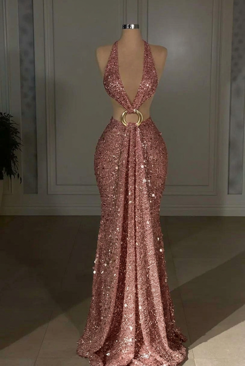 Dusty rose halter sequin mermaid evening dress