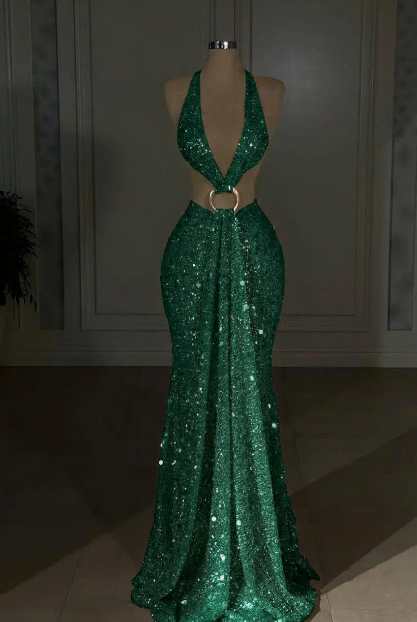 Emerald green halter sequin mermaid evening dress