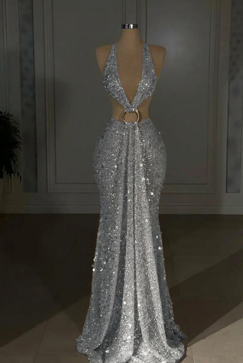 Silver halter sequin mermaid evening dress