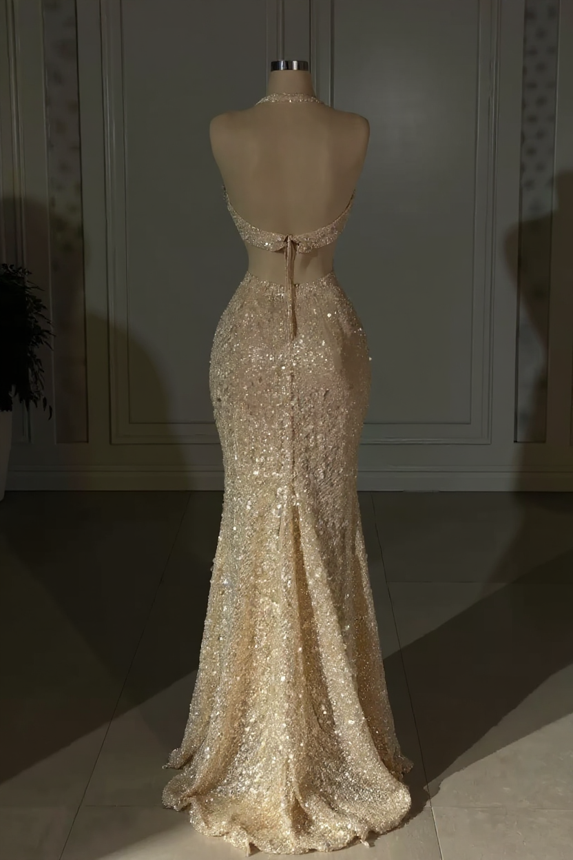 Gold Halter O-Ring Cutout Sequined Sleeveless Mermaid Floor Length Formal Evening Gown