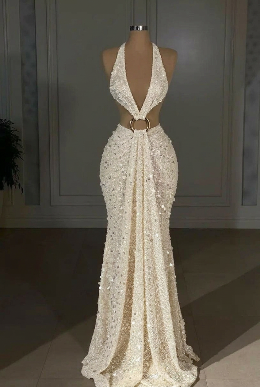 Ivory halter sequin mermaid evening dress