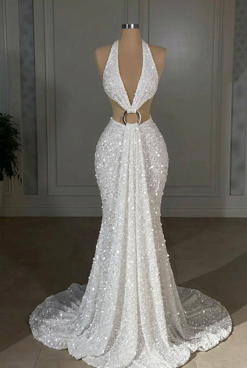 White halter sequin mermaid evening dress