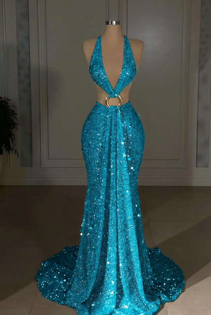 Turquoise halter sequin mermaid evening dress