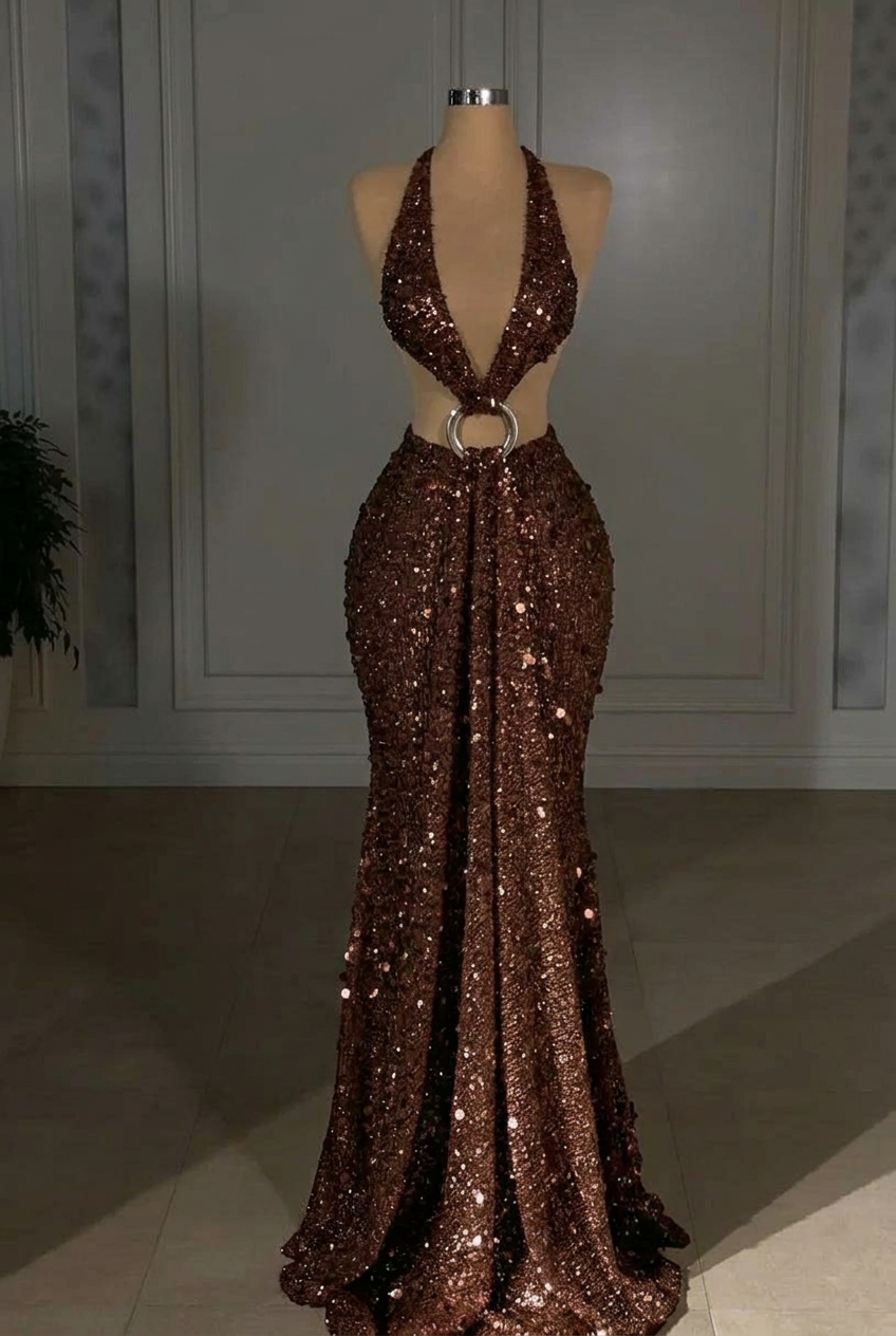 Chocolate halter sequin mermaid evening dress