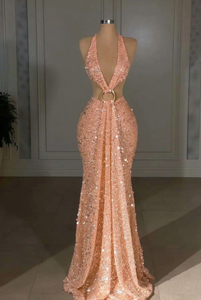 Pearl pink halter sequin mermaid evening dress