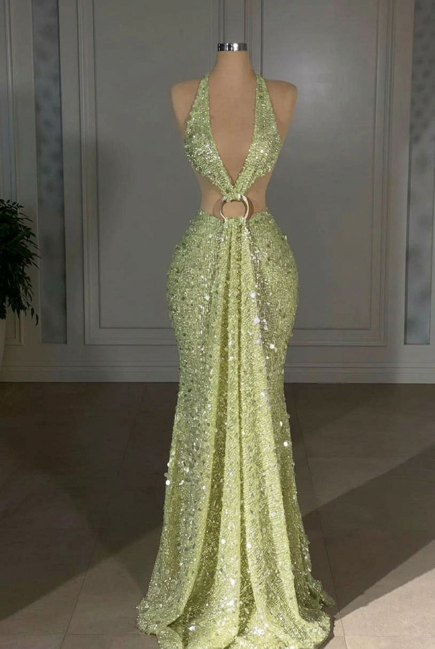 Sage halter sequin mermaid evening dress