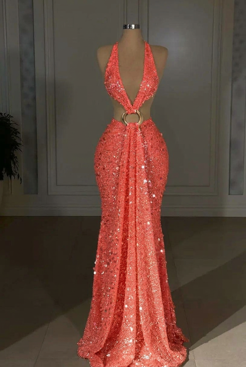 Coral halter sequin mermaid evening dress