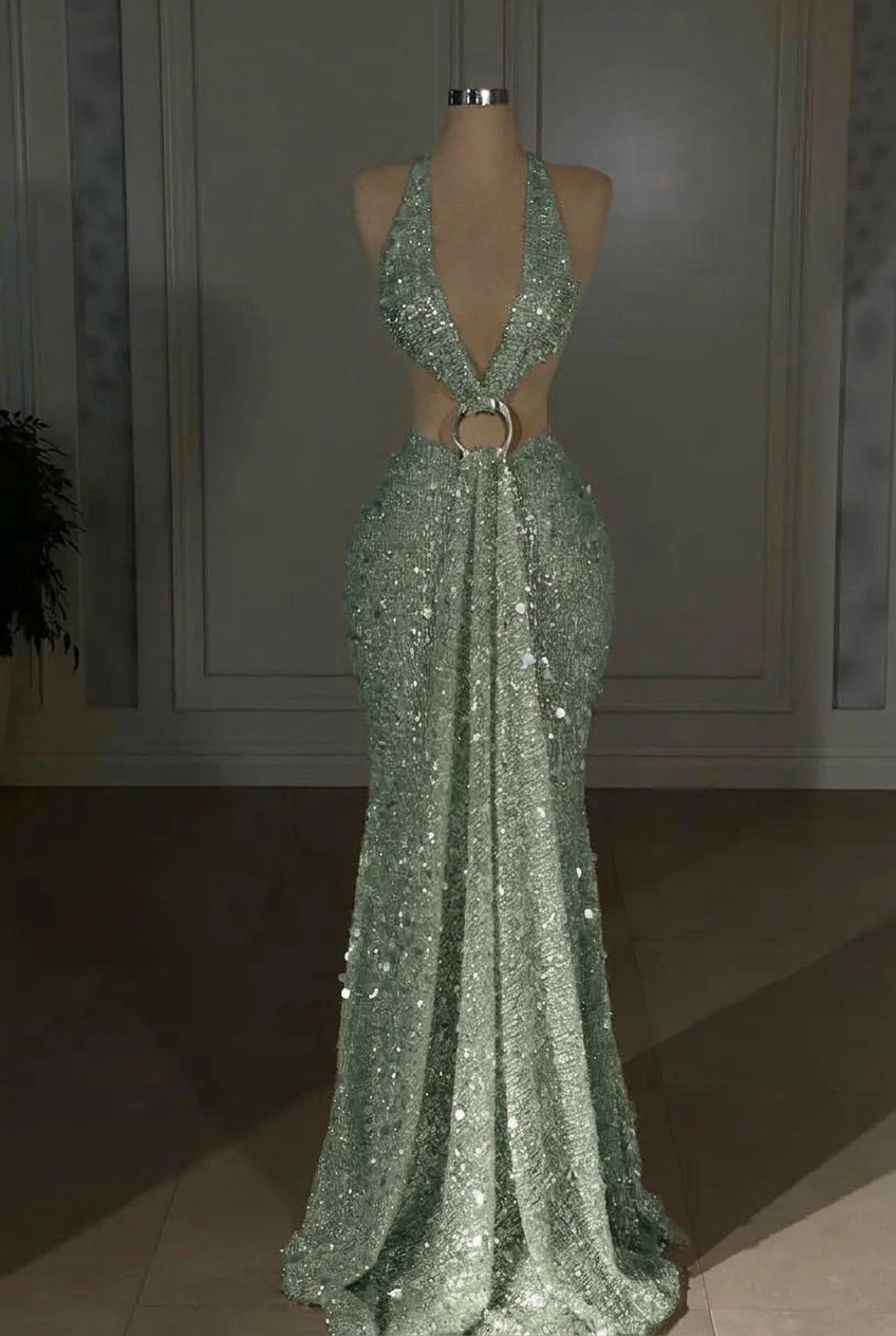 Dusty sage halter sequin mermaid evening dress