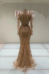 Gold High Neck Long Sleeve Beaded Sequin Open Back Mermaid Floor Length Evening Gown
